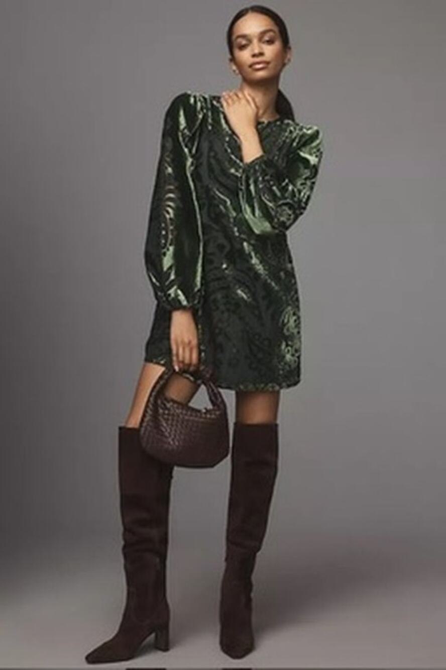 Farm Rio x Anthropologie Long-Sleeve Burnout Velvet Mini Dress, NWOT, Size S